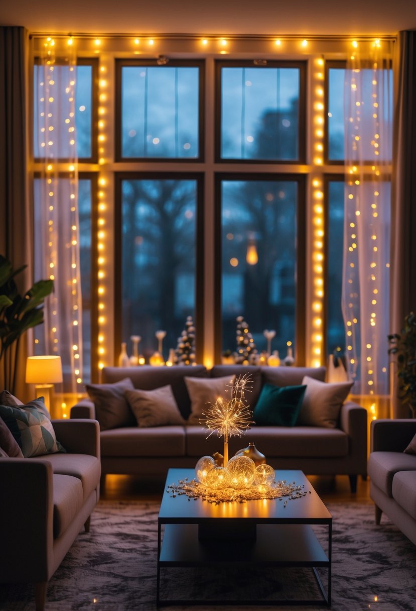 Living room with windows decorated by glowing LED fairy lights and festive New Year's Eve party decorations.