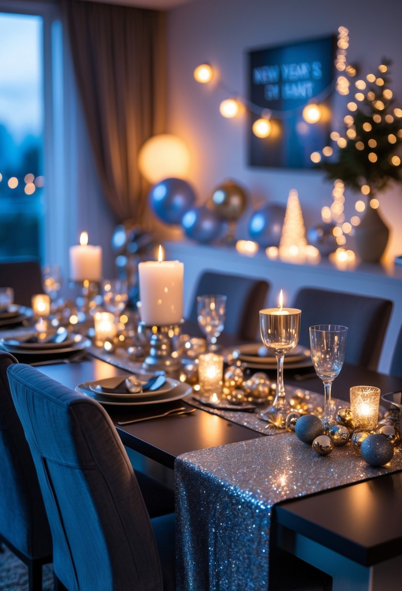Living room with a dining table featuring a glittering table runner and festive New Year's Eve decorations.