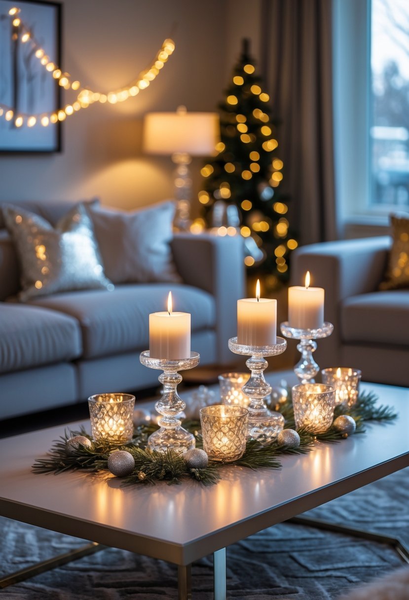Living room decorated for a New Year's Eve party with crystal candle holders on a coffee table surrounded by festive decorations and warm lighting.