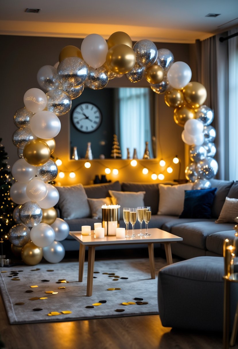 Living room decorated with a metallic balloon arch and festive New Year's Eve party decorations including lights, confetti, and champagne glasses.