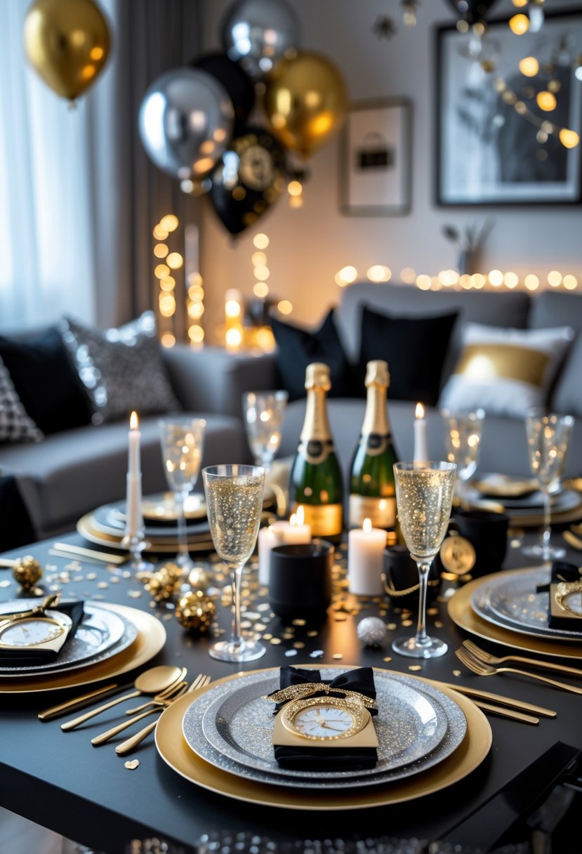A living room decorated for a New Year's Eve party with a table set with elegant tableware and festive decorations.