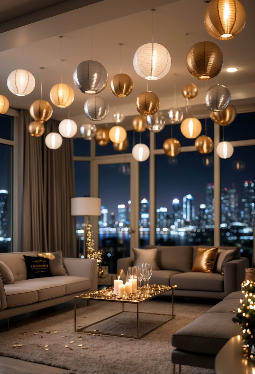 Living room decorated with hanging metallic paper lanterns and festive New Year's Eve decorations.