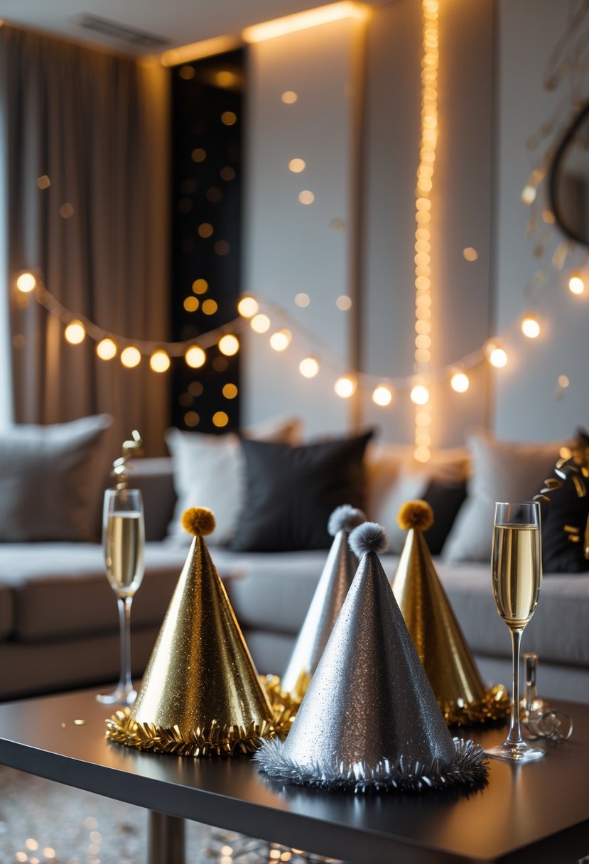 Living room decorated for an adult New Year's Eve party with metallic party hats on a coffee table and festive decorations.
