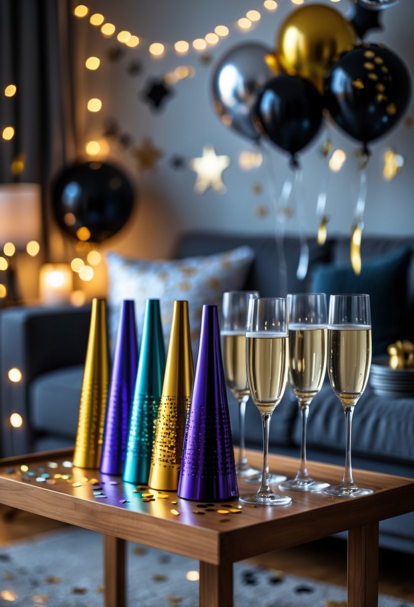 A living room table with colorful noisemakers and elegant glassware arranged for a New Year's Eve party.