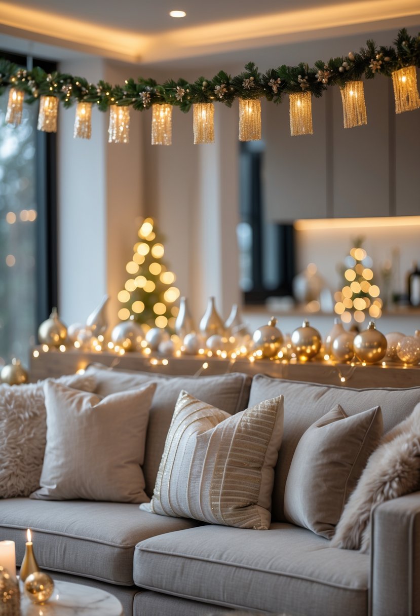 Living room with sparkling garlands hanging above a sofa decorated for a New Year's Eve party.