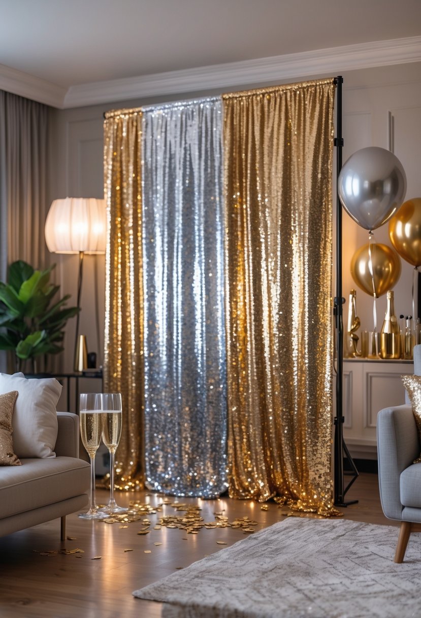 A living room decorated with a sparkling sequin photo booth backdrop and festive New Year's Eve party decorations.