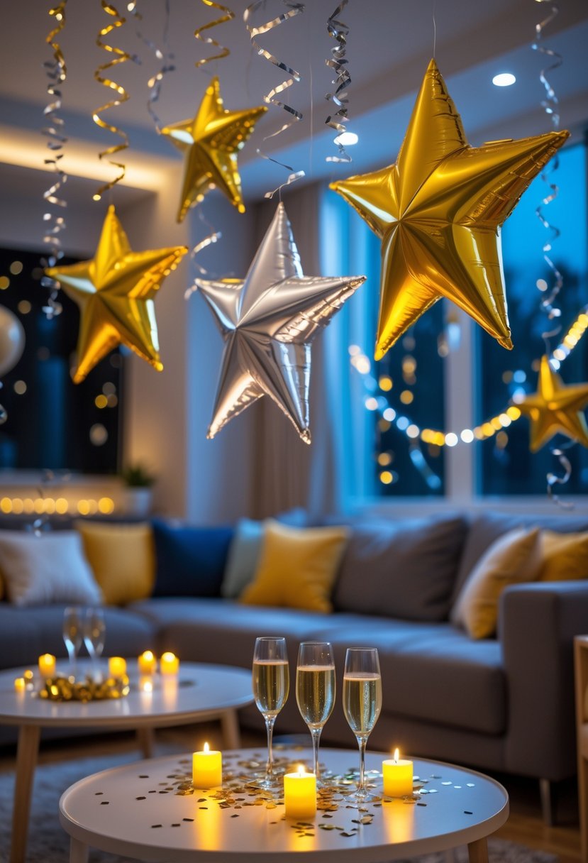 Living room decorated with gold and silver foil star hanging decorations and party items for a New Year's Eve celebration.