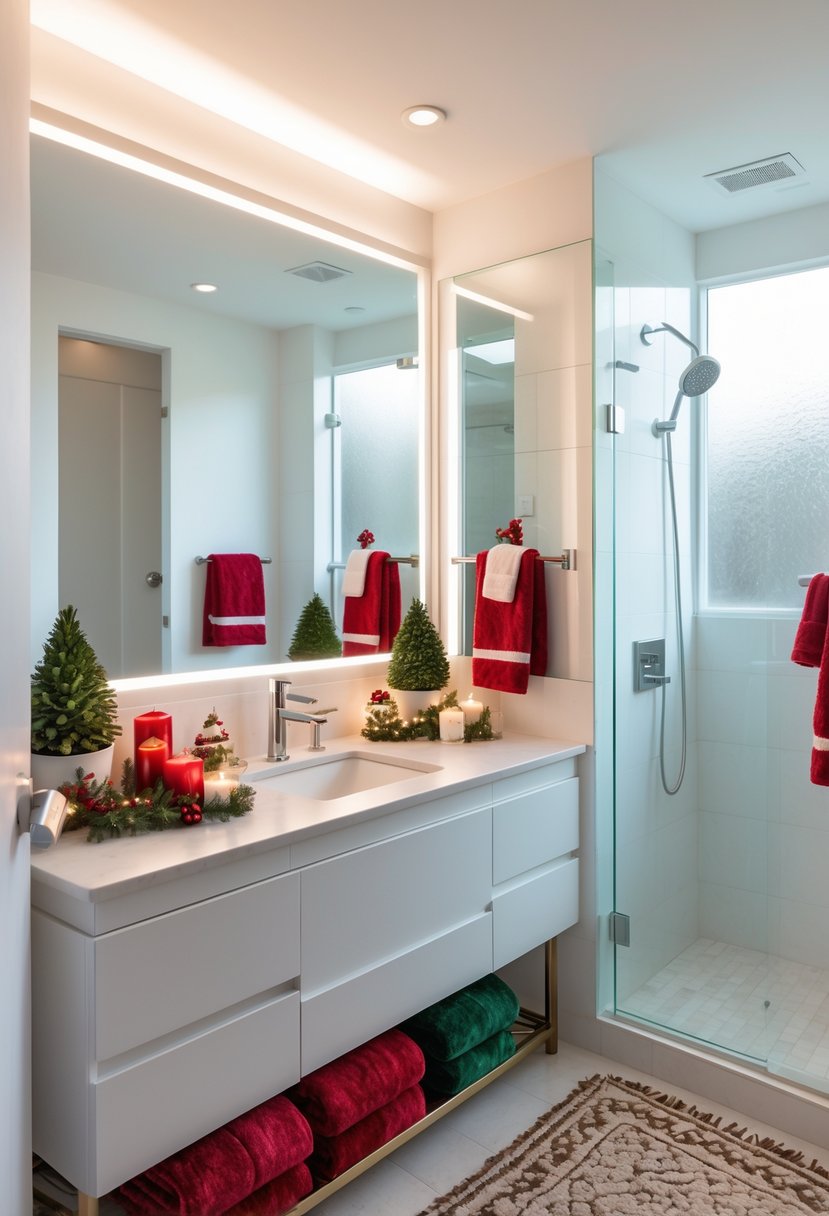 v2 15zovb urc68 A bright guest bathroom decorated with holiday-themed towels, plants, candles, and ornaments, featuring a clean vanity, large mirror, and a glass shower.
