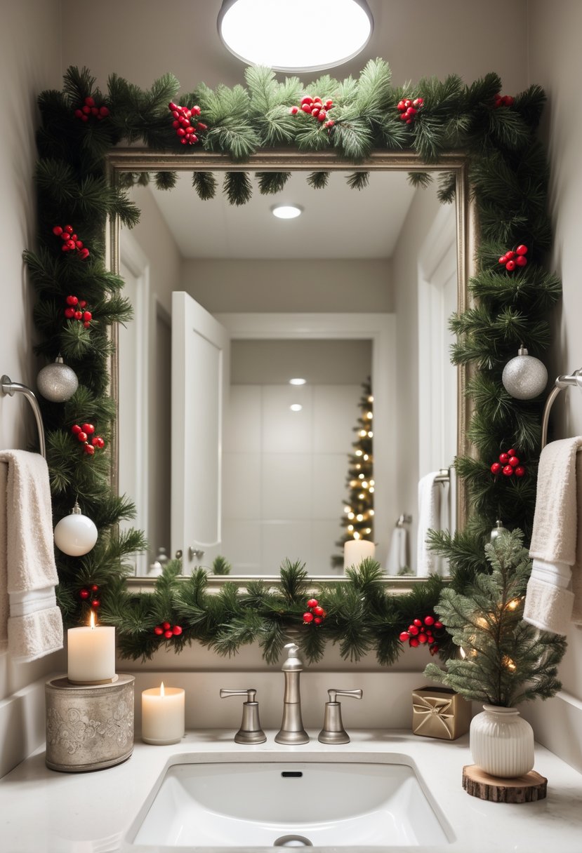 v2 15zovx 1cqbg A guest bathroom with a framed mirror decorated with holiday garlands and festive accents, featuring a clean sink area with holiday accessories.