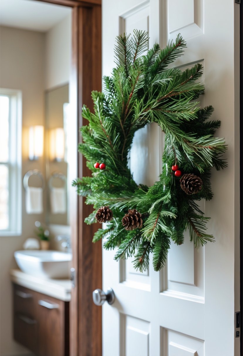 v2 15zowh nu3pl A bathroom door decorated with an evergreen wreath, leading to a clean and modern guest bathroom.