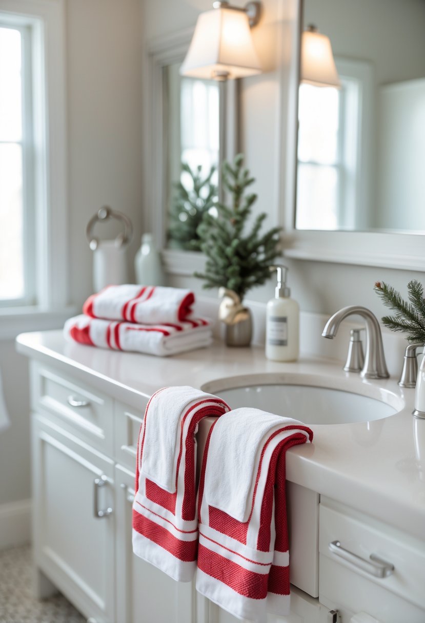 v2 15zowy zt85p Guest bathroom with red and white striped hand towels hanging on a rack and holiday decorations on the countertop.