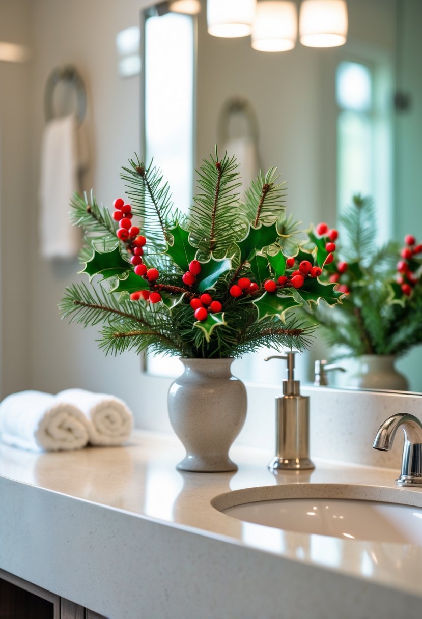 v2 15zoxg drq0r A guest bathroom countertop with a small vase holding fresh pine branches and holly with red berries.
