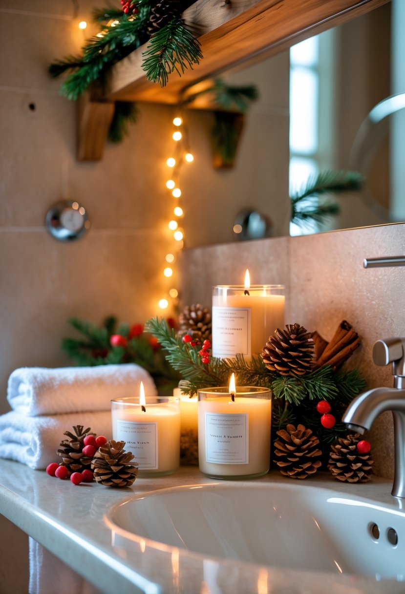 v2 15zoy0 nrnb4 A holiday guest bathroom with scented candles, pine branches, cinnamon sticks, and festive decorations on a wooden shelf near a modern sink.