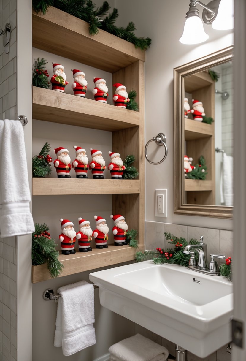 v2 15zoyh d53w8 Guest bathroom with open shelves displaying miniature Santa figurines and holiday decorations.