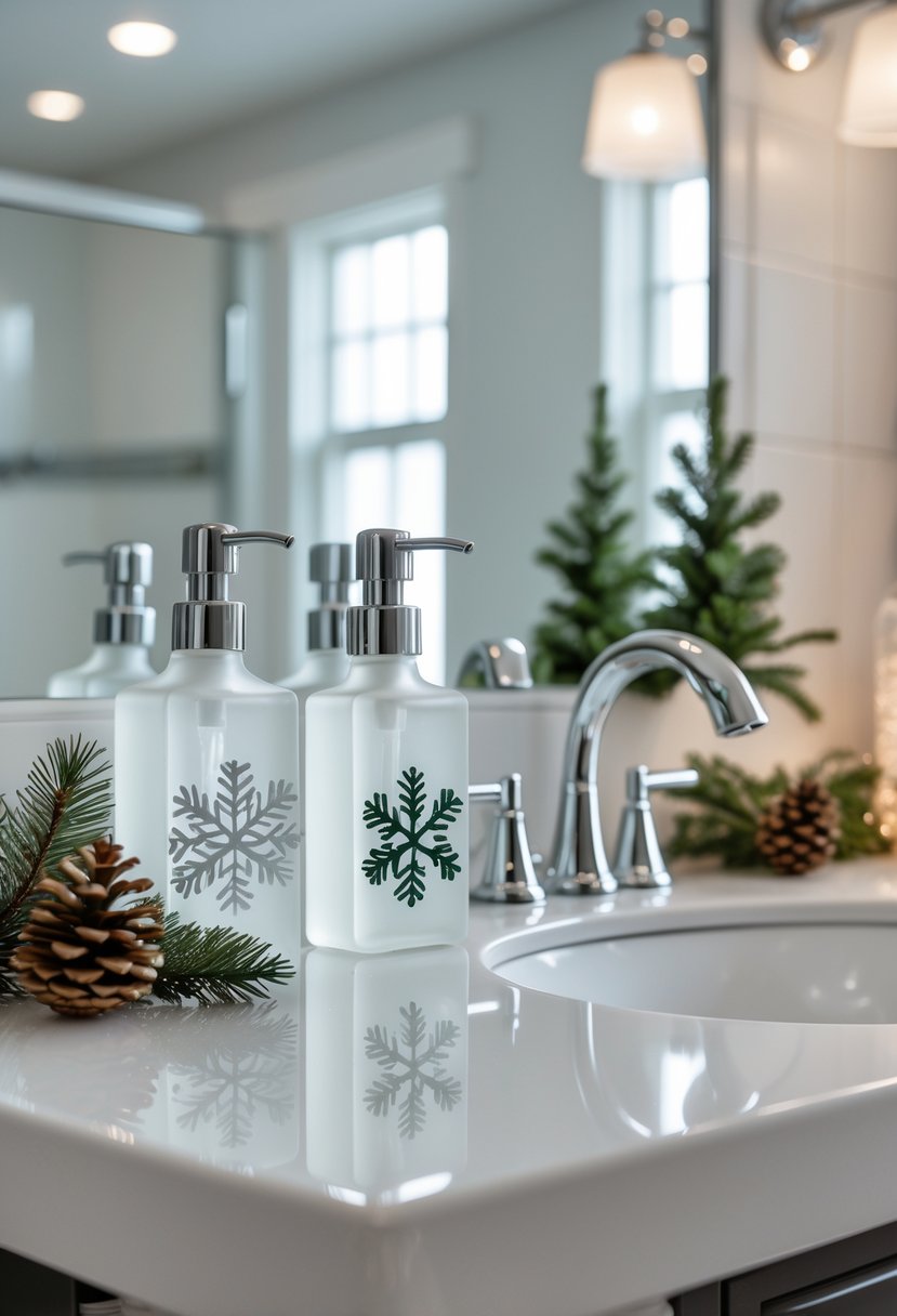 v2 15zoz1 o40ea A guest bathroom countertop with frosted glass soap dispensers featuring winter designs and subtle holiday decorations.