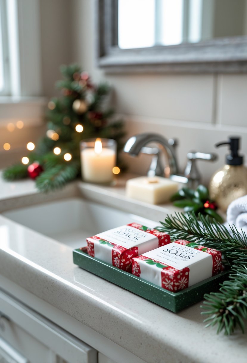 v2 15zozj ye9w7 A guest bathroom countertop with festive holiday soap bars, pine branches, ornaments, and a glowing candle.