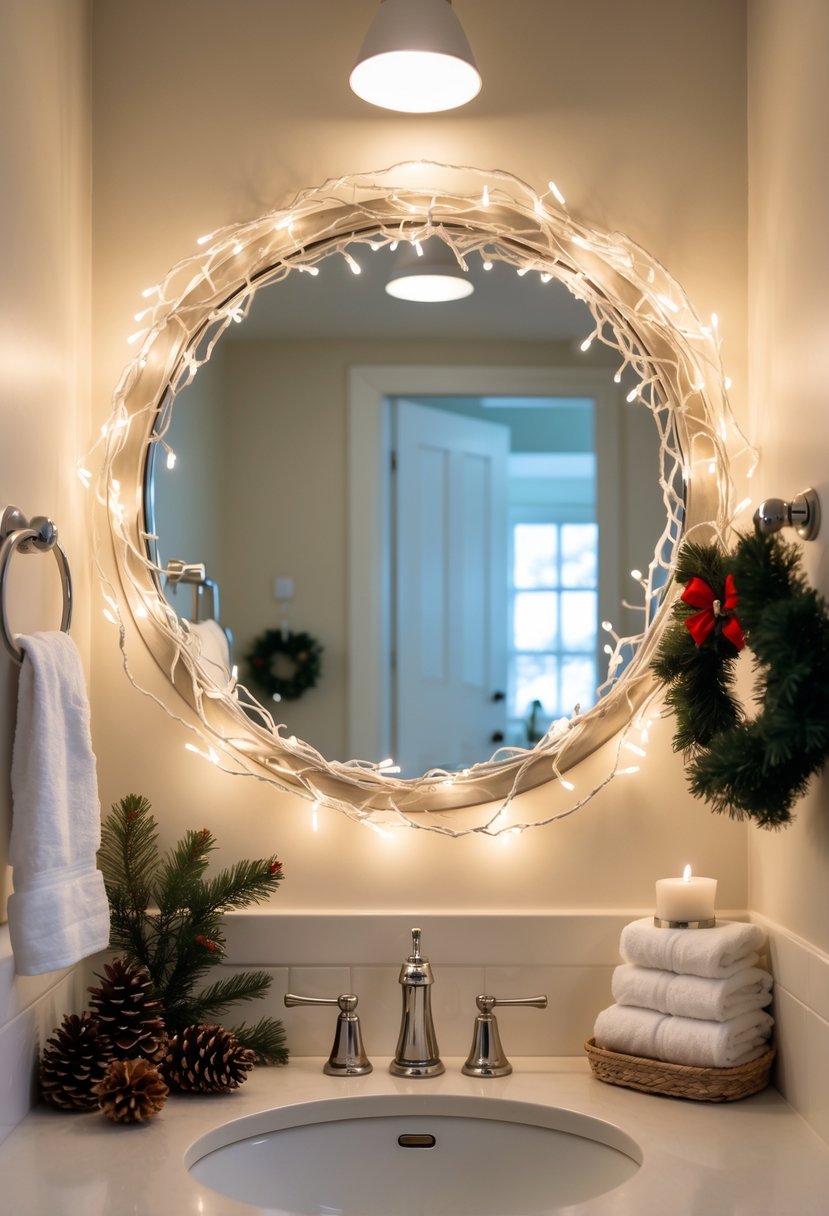 v2 15zp01 r53pn A holiday guest bathroom with a mirror wrapped in battery-operated fairy lights and festive decorations on the countertop.
