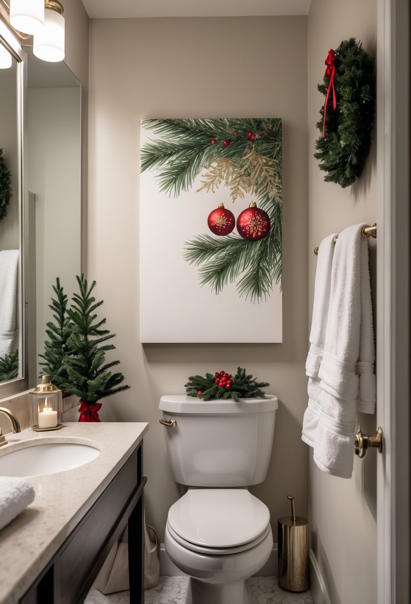 v2 15zp0i 277r5 A guest bathroom with holiday-themed wall art above the sink and festive decorations on the countertop.