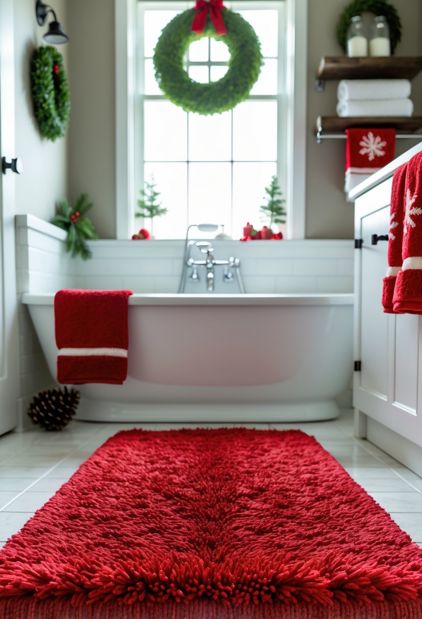 v2 15zp11 tw7fa A guest bathroom with a plush red bath mat in front of a white bathtub and holiday decorations.