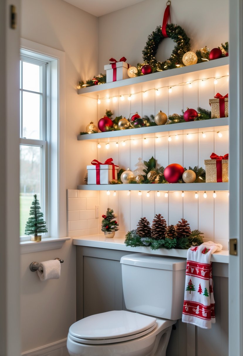 v2 15zp1i j9y9c A guest bathroom with shelves above the toilet decorated with Christmas ornaments and festive decorations.