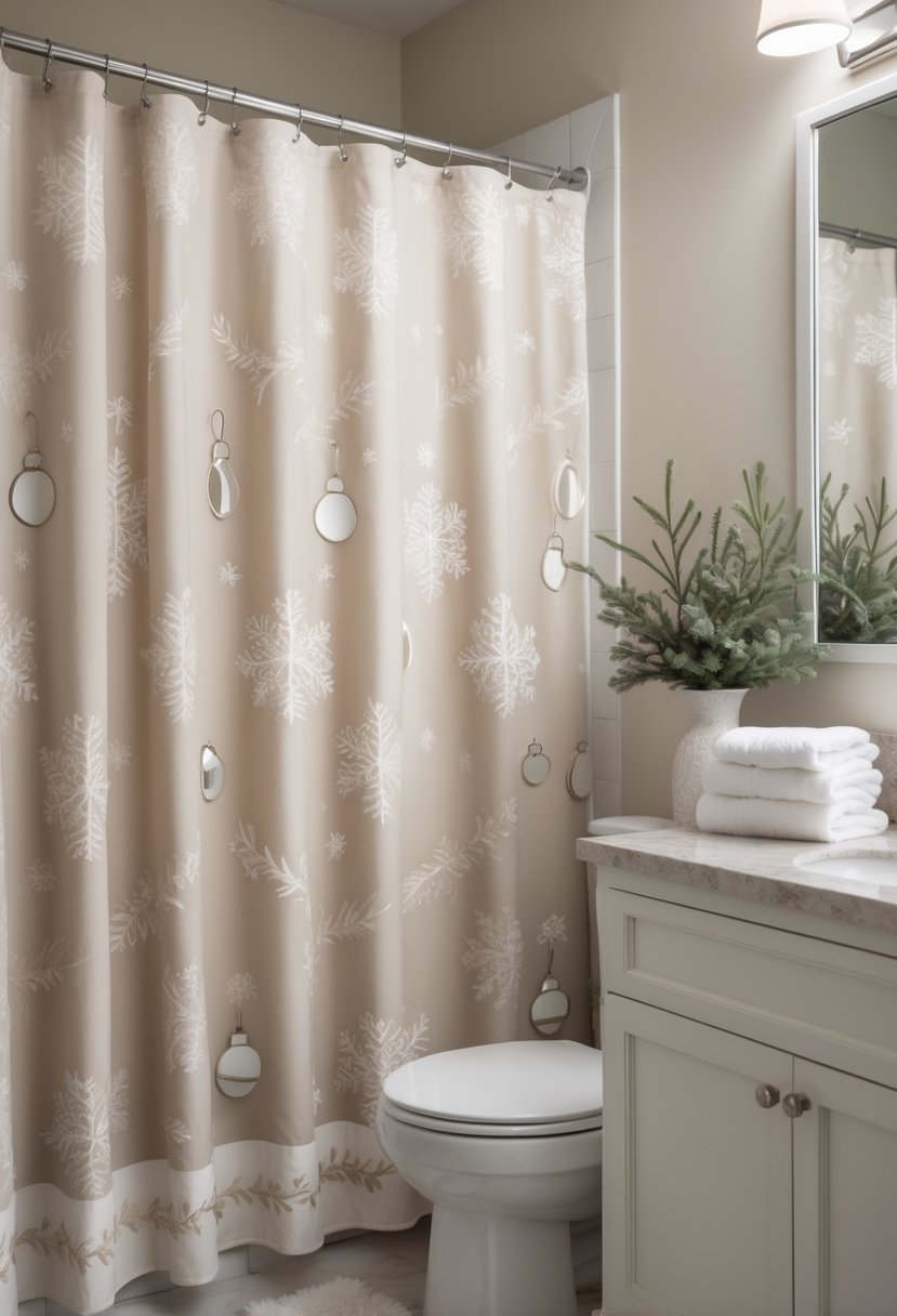 v2 15zp22 A guest bathroom with a holiday-themed shower curtain in neutral colors, white towels, and winter greenery on the countertop.