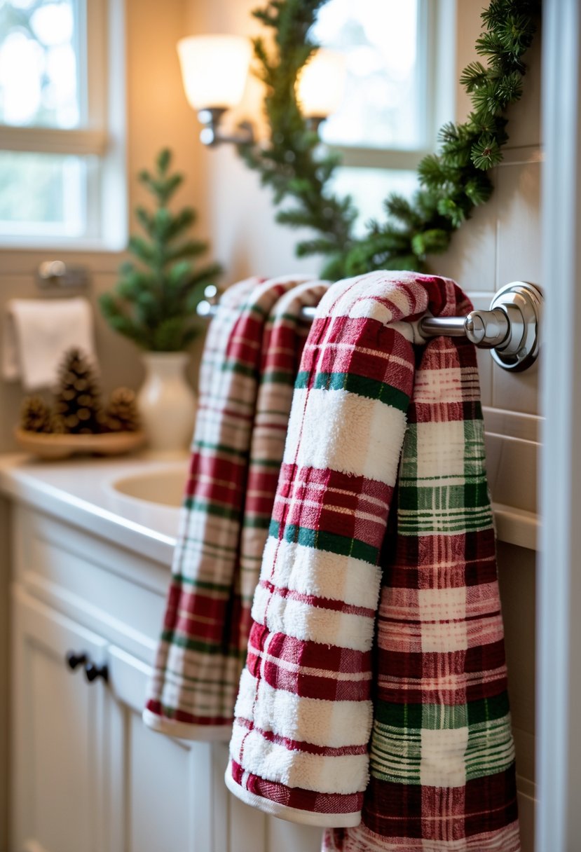 v2 15zp3l atpu6 A guest bathroom with plaid hand towels hanging on a rack and subtle holiday decorations on the countertop.