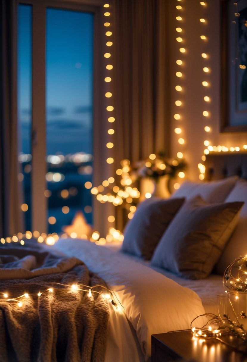 A warmly lit bedroom with twinkling fairy lights creating a cozy and inviting atmosphere.