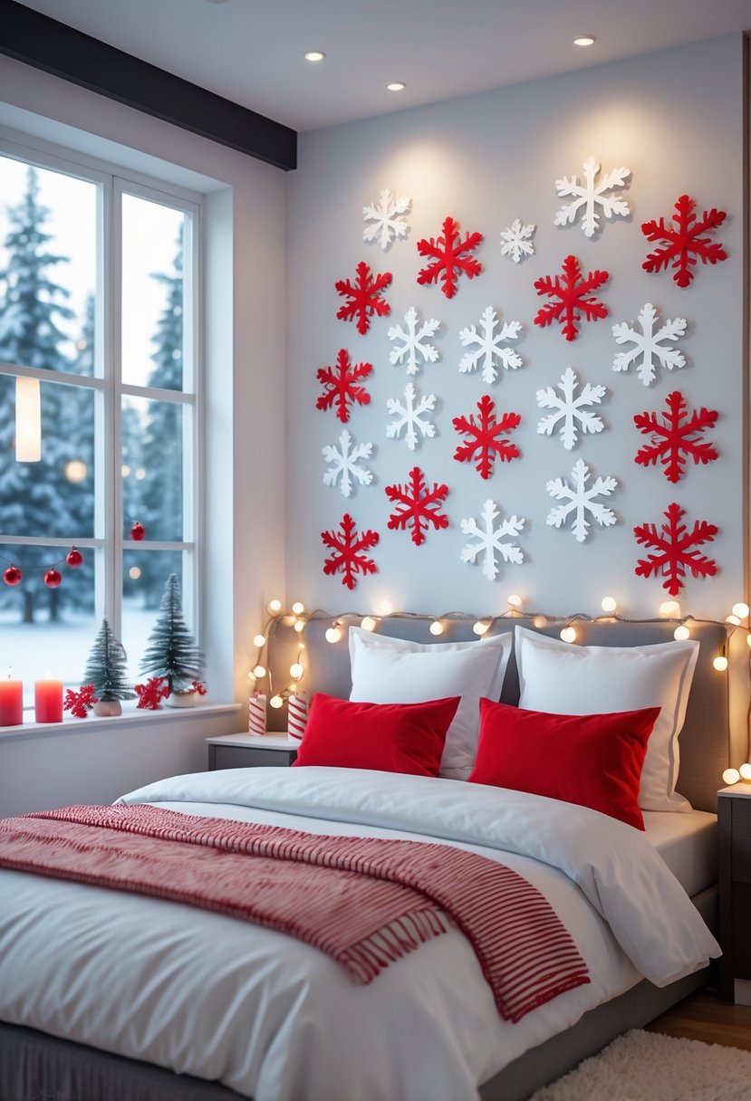 A bedroom decorated with red and white snowflake wall decals and festive winter decorations.