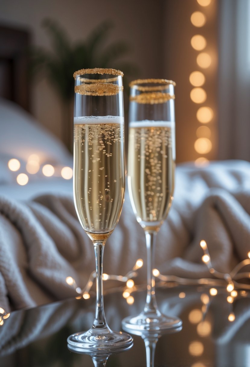Two champagne glasses with gold sugar rims filled with sparkling champagne on a reflective surface in a softly lit bedroom setting.