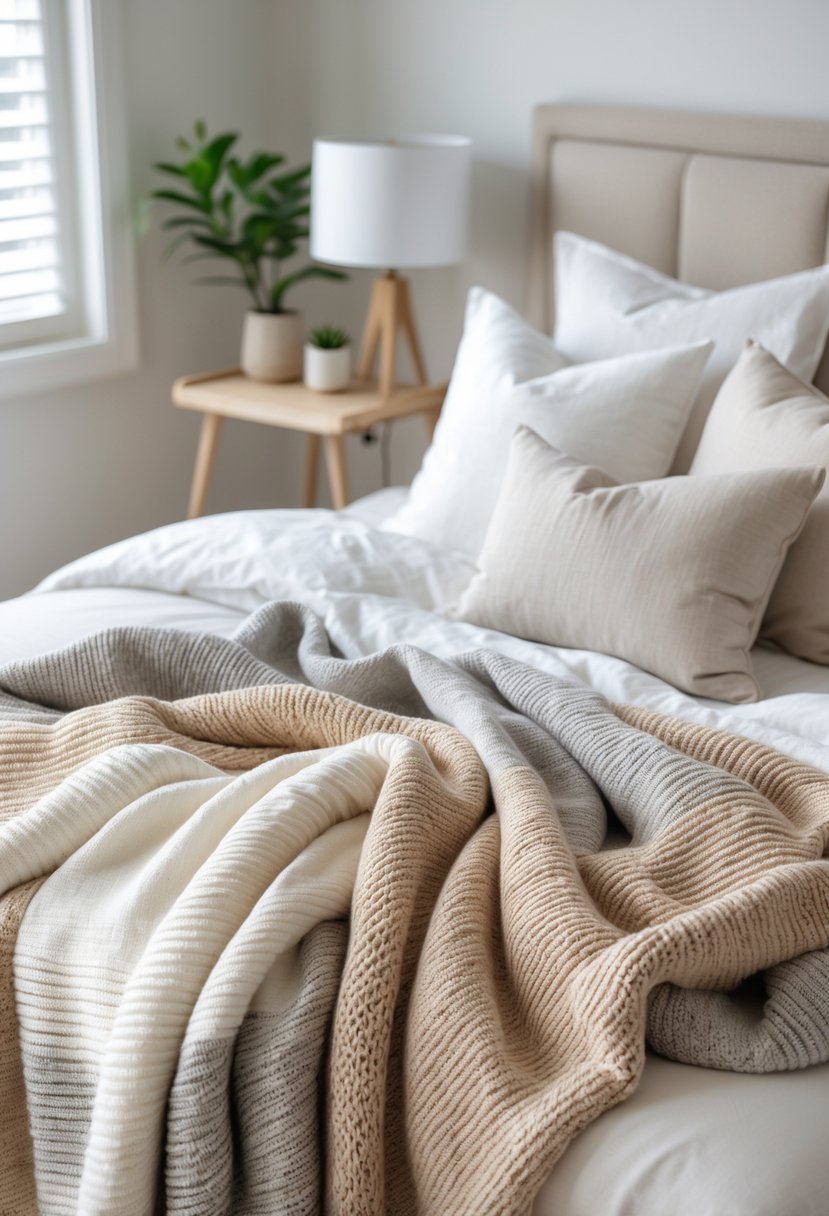 A cozy bedroom with knit throw blankets in neutral colors draped over a bed with white linens and soft natural light coming through a window.