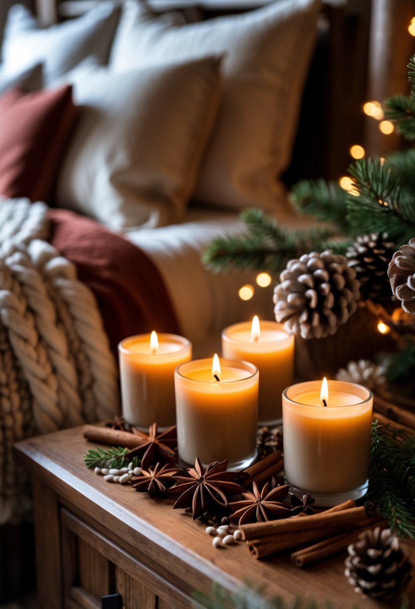 A cozy bedroom with scented candles and winter spices on a bedside table, soft lighting, and a neatly made bed decorated with pine cones and evergreen sprigs.