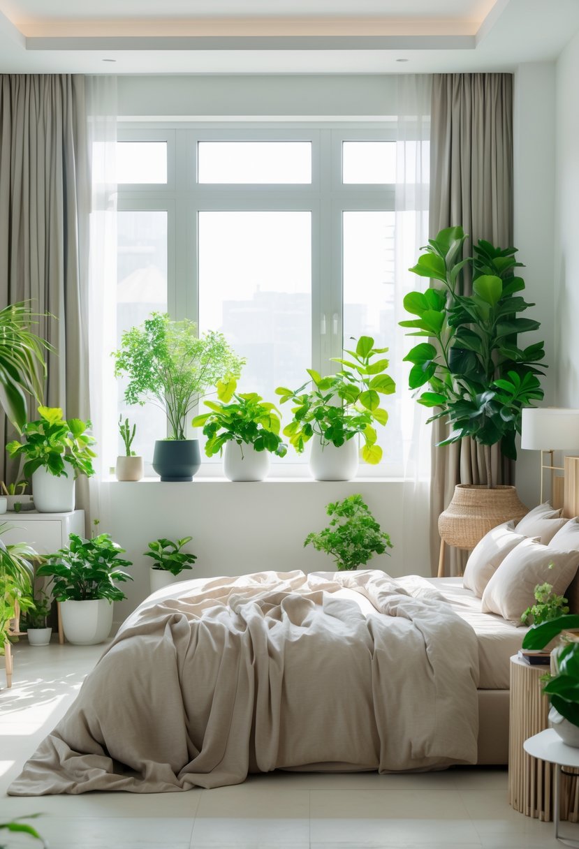 A bright bedroom with a neatly made bed and several green potted plants placed around the room near windows and bedside tables.