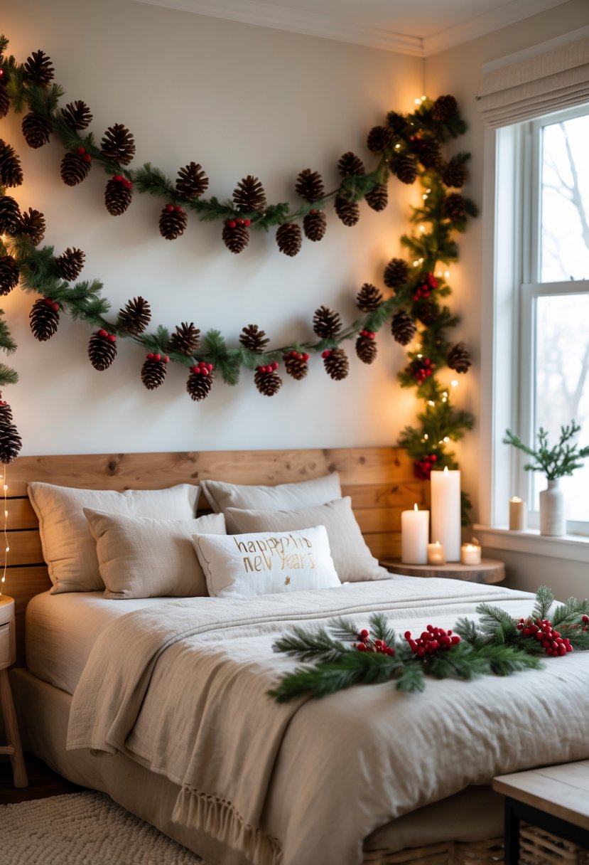 A cozy bedroom decorated with pine cone and red berry garlands draped over the headboard and window, featuring warm lighting and festive accents.