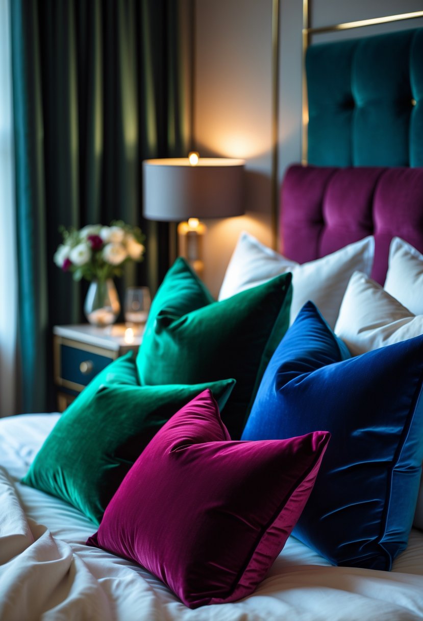 A cozy bedroom with velvet cushions in deep jewel tones arranged on a bed with white linens and soft lighting.
