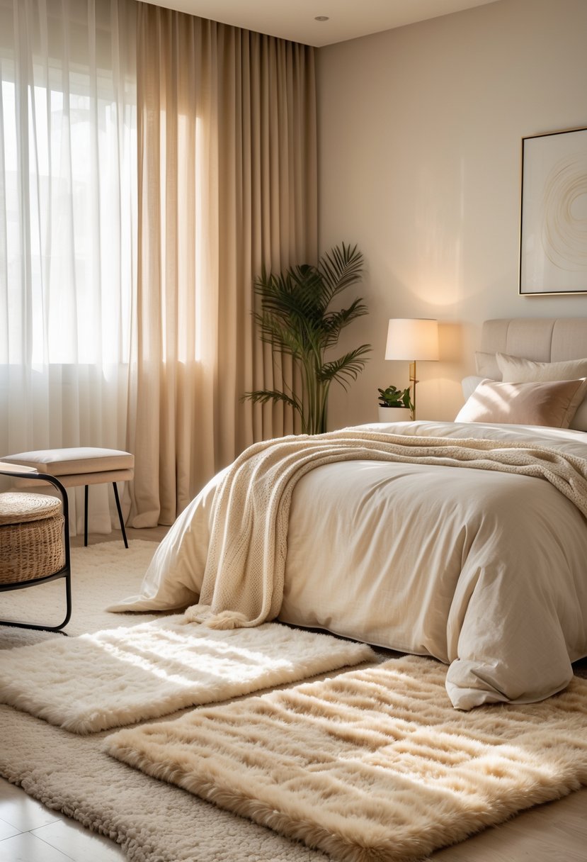 A cozy bedroom with cream and beige area rugs, a neatly made bed, natural light, and simple furniture.