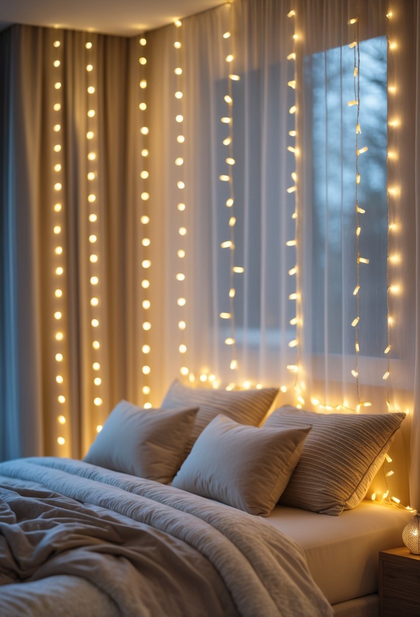 A bedroom with a bed and warm string curtain lights hanging behind it, creating a cozy atmosphere.