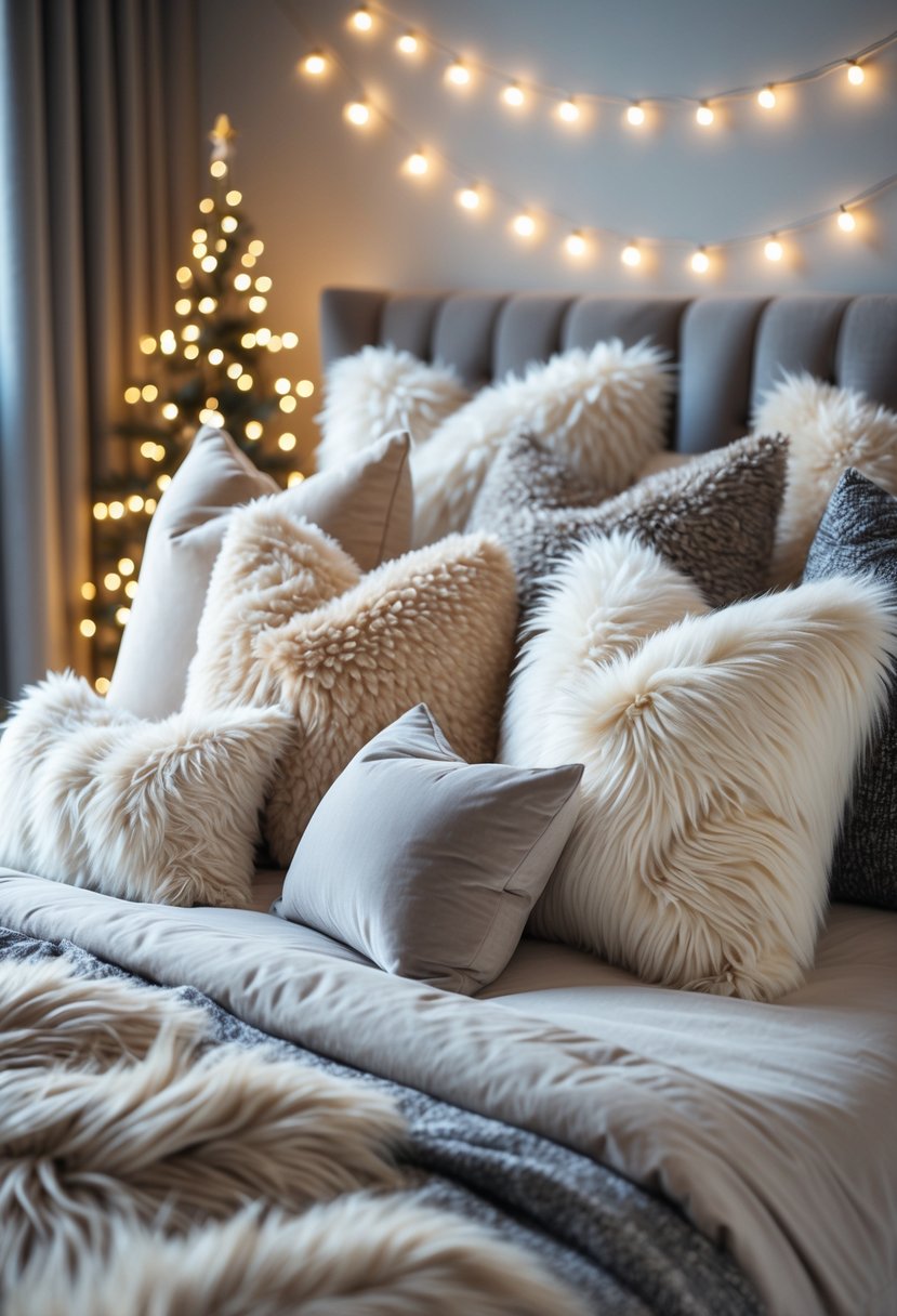 A cozy bedroom with a bed covered in soft faux fur pillows and subtle New Year's decorations in the background.