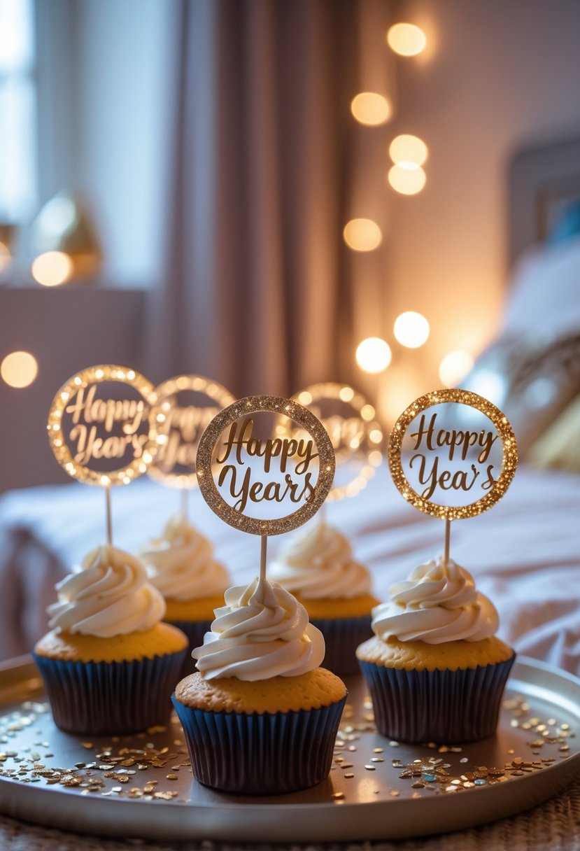 Close-up of sparkling cupcake toppers on decorated cupcakes arranged in a cozy bedroom setting with festive decorations.