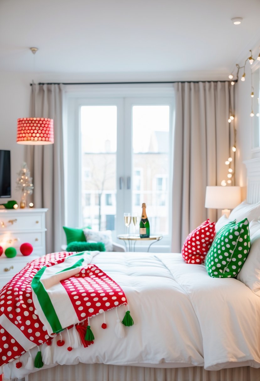 A bedroom decorated with red and green polka dot pillows and accents, featuring a bed, bedside table with champagne glasses, and soft lighting.