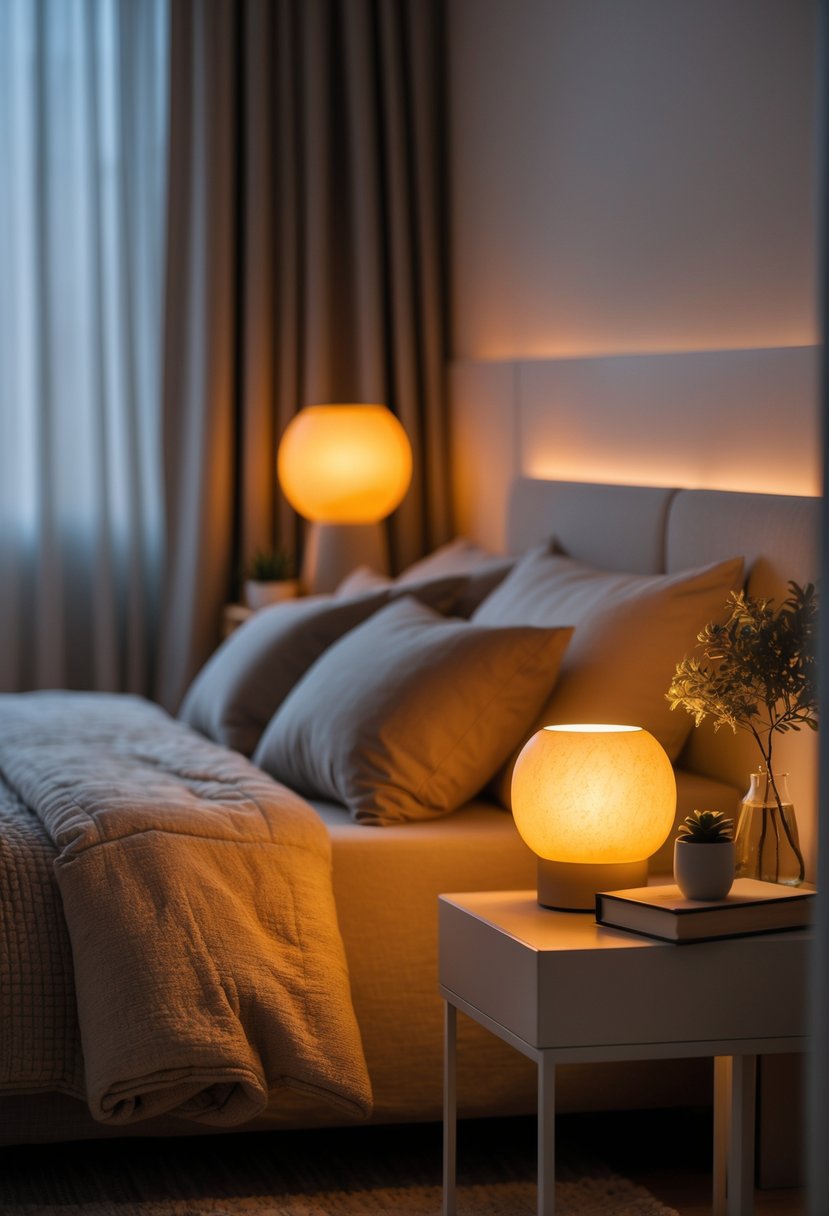 A softly lit bedroom with warm bedside lamps glowing next to a neatly made bed and simple bedside tables.