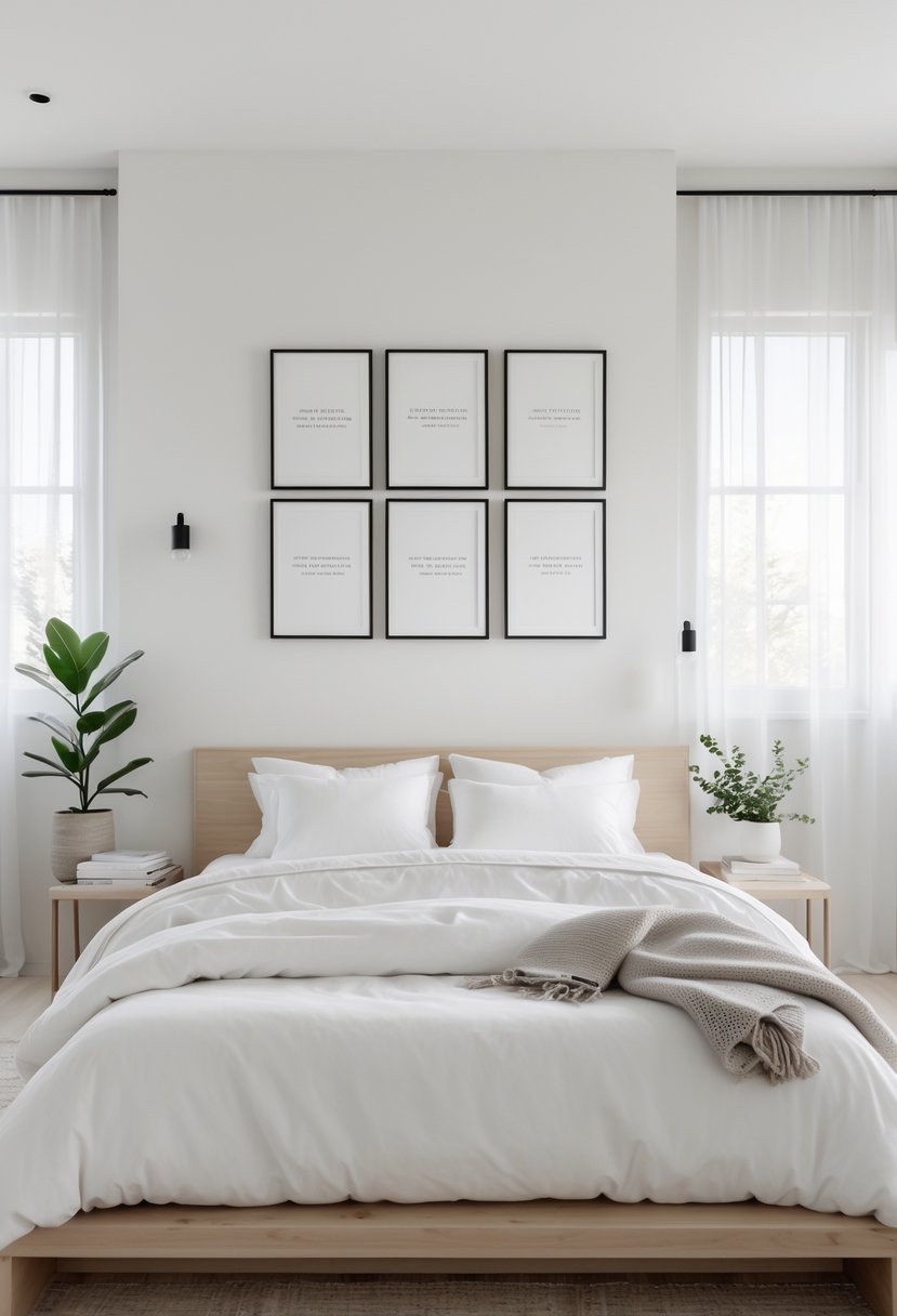 A bright bedroom with a simple wooden bed, white linens, framed wall art, a small plant on a bedside table, and natural light coming through sheer curtains.