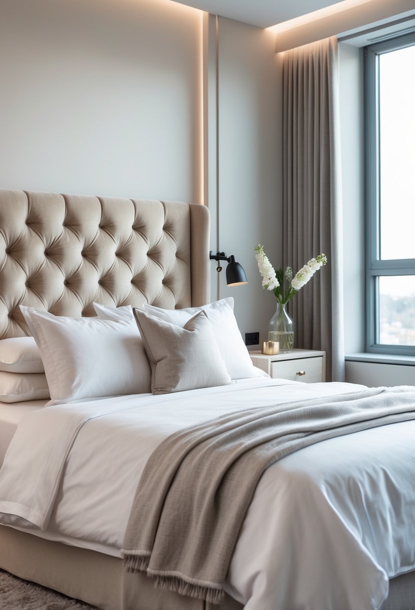 A bedroom with a plush upholstered headboard, neatly made bed, and soft natural lighting.