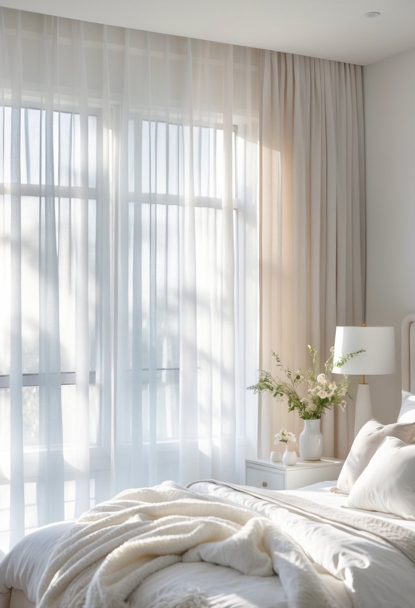 A bright bedroom with large windows covered by white sheer curtains letting in soft natural light, featuring a neatly made bed and minimal decorations.