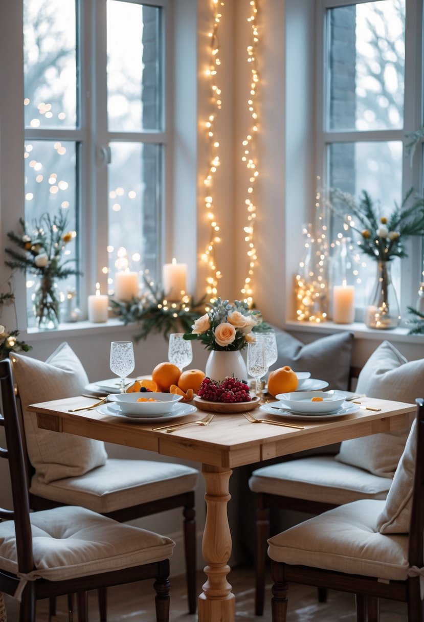 v2 15zqph c09ac A cozy breakfast nook set for a New Year's morning meal with a small table, plates, fruit, and natural light coming through windows.