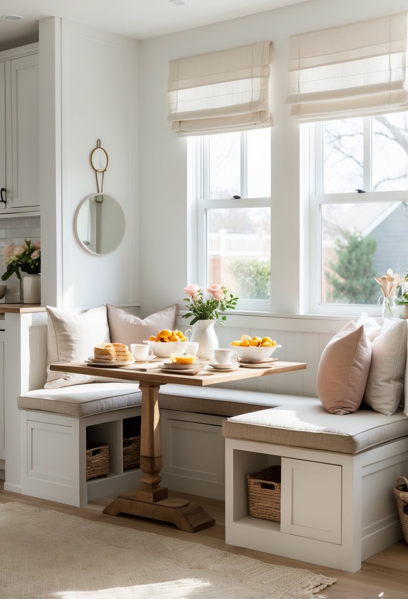 v2 15zqqa cv5rd A breakfast nook with a built-in bench featuring storage underneath, a wooden table set with breakfast items, and natural light coming through nearby windows.
