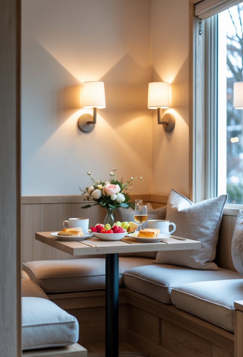 v2 15zqr2 mdtqb A cozy breakfast nook with a small wooden table set for breakfast, softly lit by wall-mounted sconces and natural light from nearby windows.