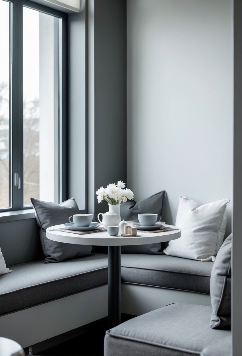 v2 15zqru npgak A cozy breakfast nook with a small round table set for breakfast by large windows, featuring comfortable seating and minimalist tableware.