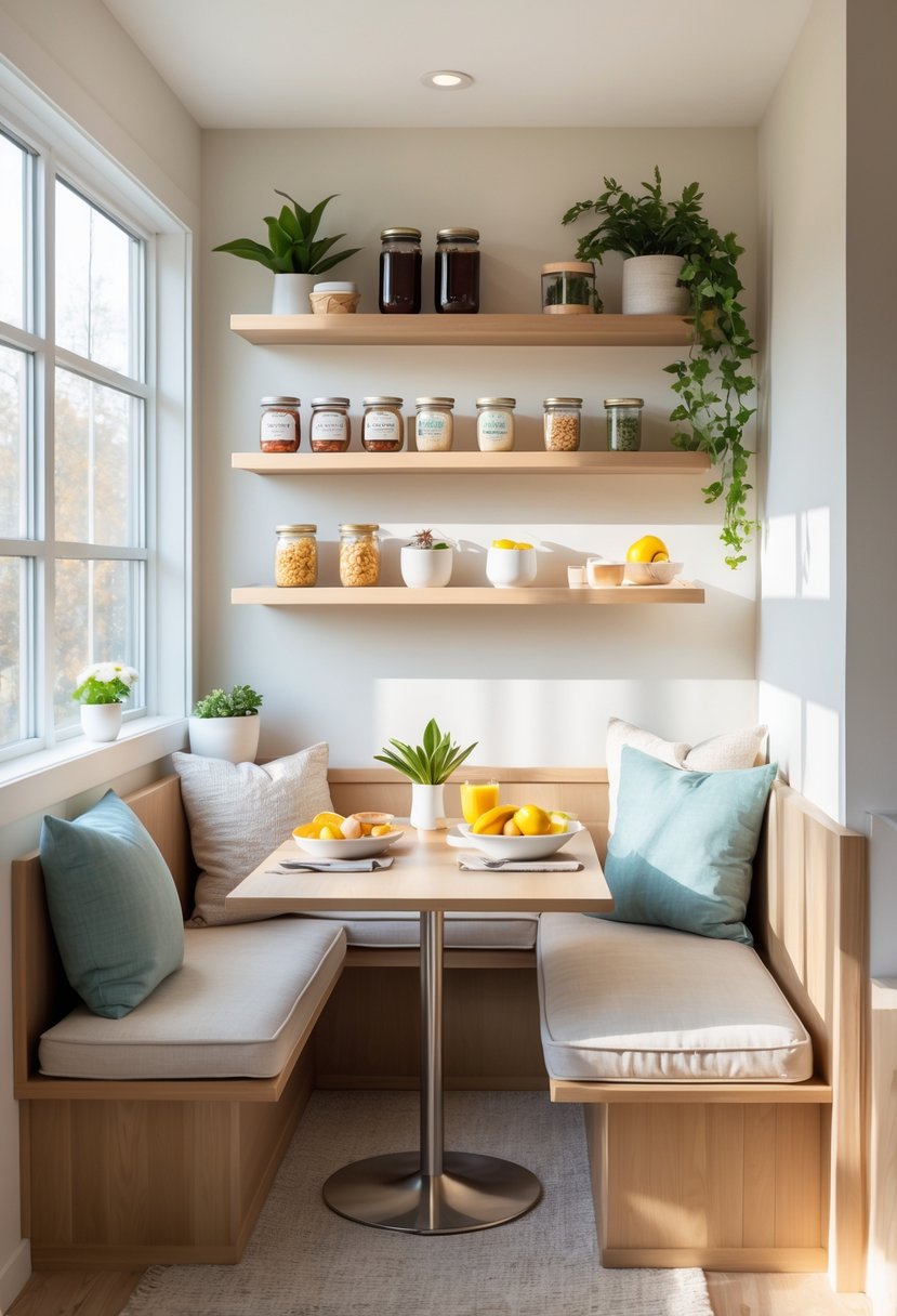 v2 15zqs8 7ef66 A cozy breakfast nook with floating shelves displaying jars, mugs, fruit bowls, and plants above a wooden table with chairs near large windows.