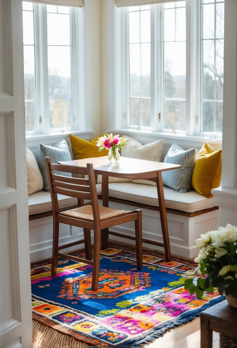 v2 15zqst zg6kl A cozy breakfast nook with a bold patterned rug under a wooden table and chairs, illuminated by natural light.