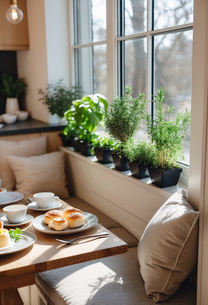 v2 15zqt8 j49k6 A cozy breakfast nook with a small indoor herb garden on the windowsill and a table set for breakfast.